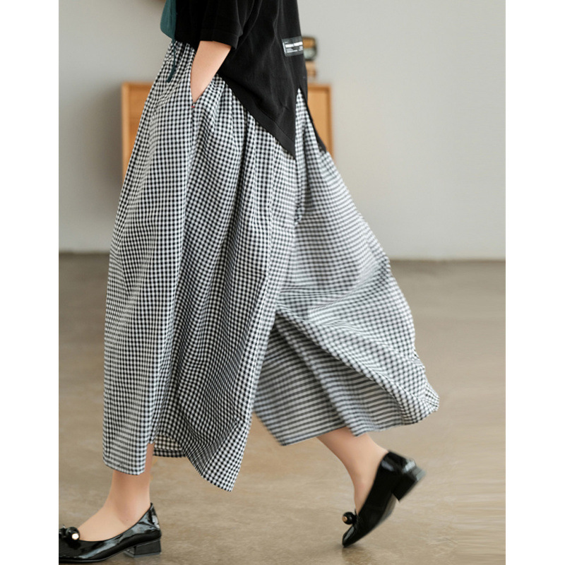 9232 # Spring and Summer New Arrivals: Plus-Size Cotton-Linen Plaid Wide-Leg Pants/Skirt, Loose and Comfortable Casual Pants