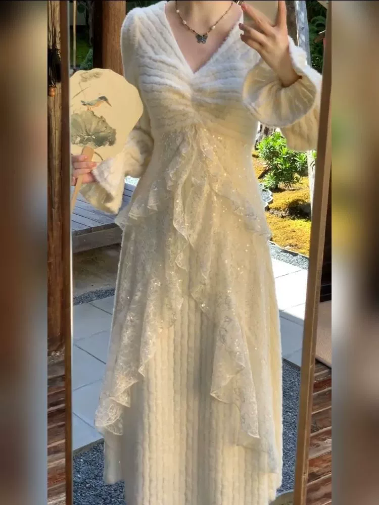 Леди французская сшитая длинная юбка с бархатным толстым осенним и зимним темпераментом красивая юбка Белое кружевное платье женское