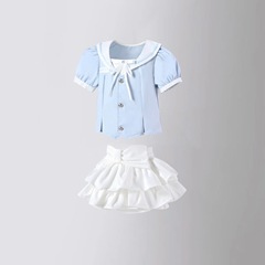 2024 Girls' Sweet Short-Sleeve Shirt American Style Little Black Dress College Style Summer Navy Collar Top JK Uniform