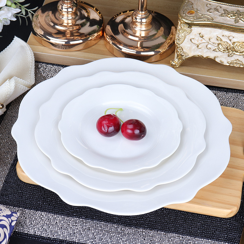 British Pastoral Simple Relief Lace Plate Ceramic Pure White New Bone China Creative Dinner Plate Lotus Plate Loose Plate Flat Plate with Loose Mouth
