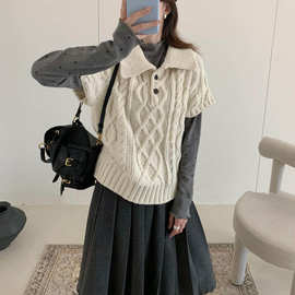 重工麻花复古polo领套头毛衣背心2026春秋新款宽松针织短袖马甲女