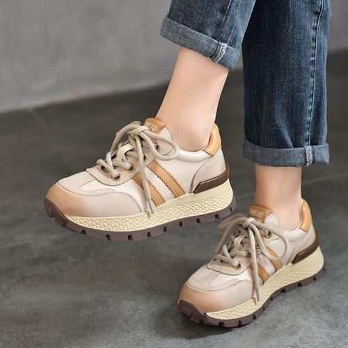 Women's Retro Design Sports Shoes, Low-Top, Versatile Casual Shoes, 2024 Spring New Arrival Genuine Leather Medium Heel Trendy Shoes