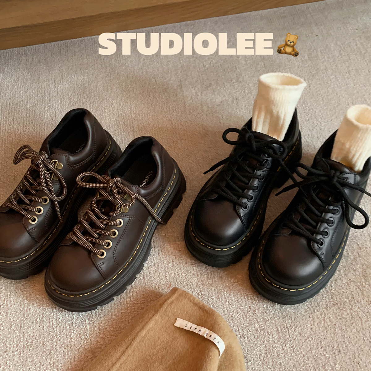 葡萄妈同款现货~ 经典英伦风系带圆头百搭单鞋低跟德比小皮鞋女