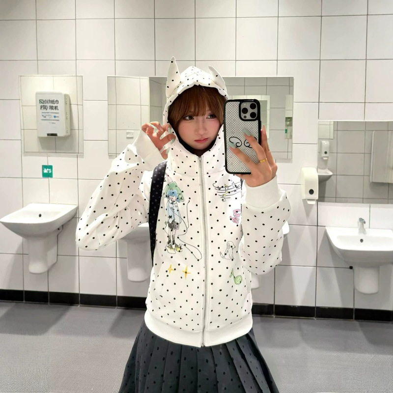 New American-style trendy cartoon girl print polka dot ear hooded sweatshirt for women, slim-fit cardigan jacket for spring and autumn New American-style trendy cartoon girl print polka dot ear hooded sweatshirt for women, slim-fit cardigan jacket for spring and autumn