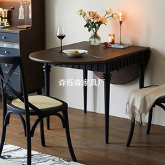 法式中古风实木折叠餐桌小户型客厅家用黑胡桃可伸缩方圆餐桌饭桌