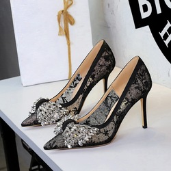 1963-H72 European and American Feng Shui Diamond High Heels Butterfly Knot Lace Super High Heels Women's Shoes Pointed Shallow Mouth Fine Follow Shoes