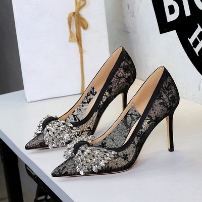 1963-H72 European and American Feng Shui Diamond High Heels Butterfly Knot Lace Super High Heels Women's Shoes Poin