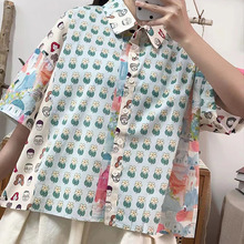 日系学院风通勤印花衬衫文艺可爱清新POLO领甜美夏季休闲短袖衬衣