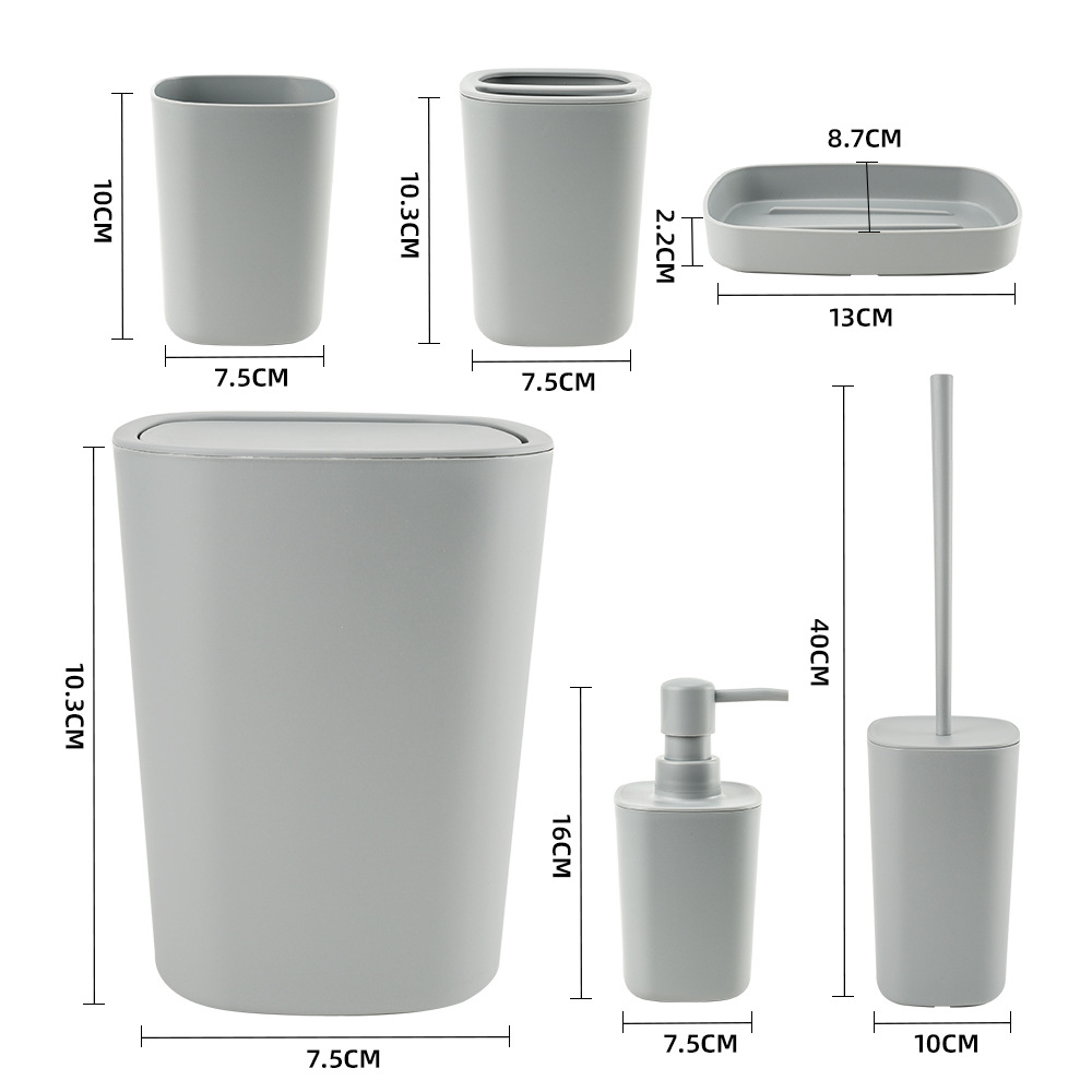 Suministros de baño de plástico cuadrado Juego de seis piezas de enjuague bucal, estante para cepillado, caja de jabón, almacenamiento de baño, juego de baño, cepillo de baño