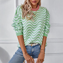 毛毛雨跨境女装2024年外贸秋冬新品撞色针织衫雪佛龙波浪条纹毛衣