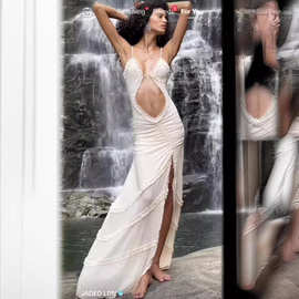 法试蛇蝎美人超辣性感线条镂空高衩双层防透连衣裙缩褶花边开衩连