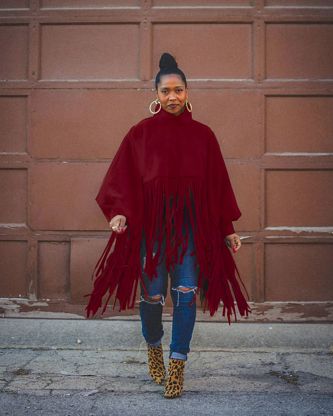 Women's fashion solid color long sleeve fringe top_voghion.com