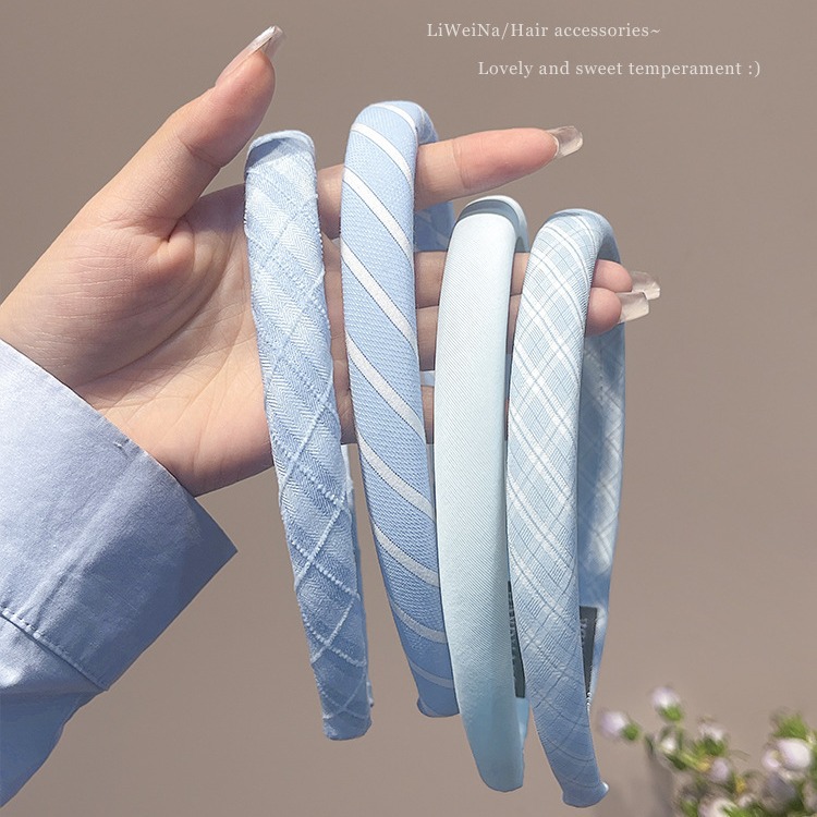 Pequeño aro de cabello azul fresco para mujeres primavera y verano estilo de cabello temperamento lavado de cara aro de cabello alto cráneo antideslizante presión tarjeta de cabello