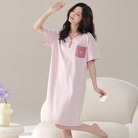 夏季新款爽棉拉架女短袖睡裙甜美休闲女家居服图片色拉架爽棉圆领