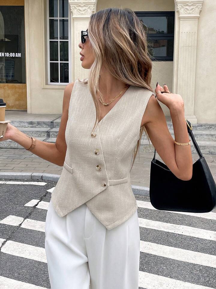 Women's Clothing Women's V Neck Sleeveless Cardigan Vest Irregular Slanted Button Waist Cinching For Formal & Casual For Women_ecoleips.com