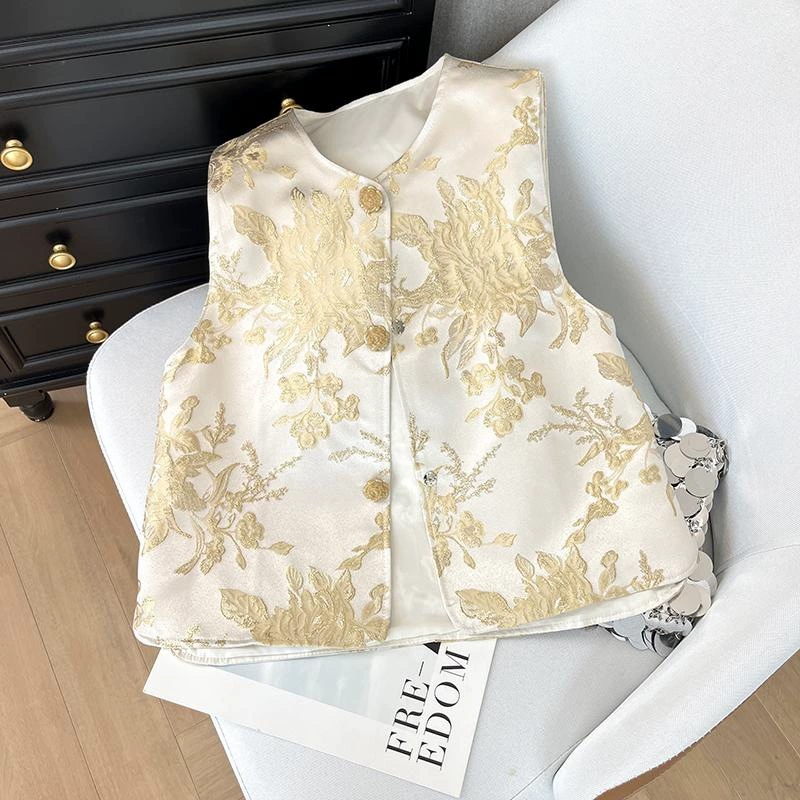 Новая женская жилетка в китайском стиле 2025 года: осенняя, в этническом стиле, из парчи и атласа, улучшенная модель в стиле Тан