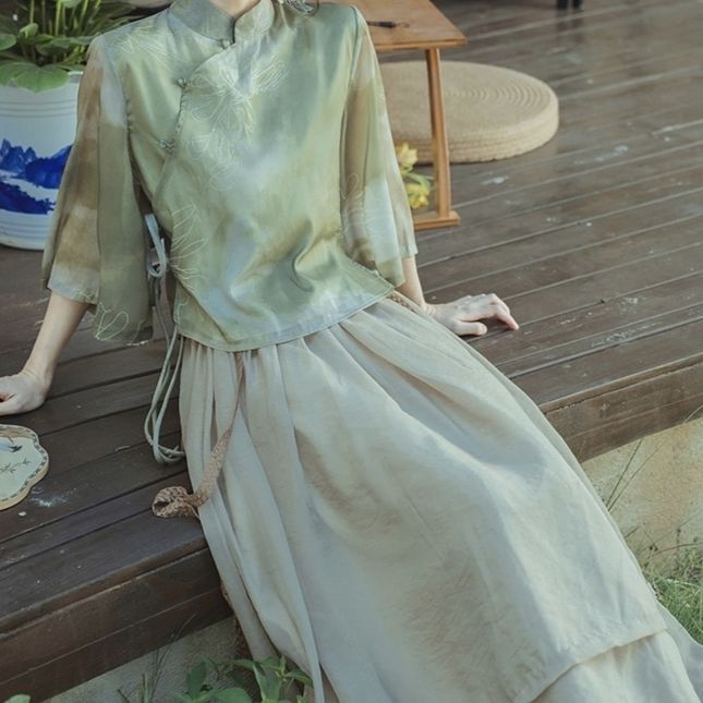茶艺服新中式禅意茶女旗袍两件套改良文艺国风显瘦日常复古风春夏|undefined