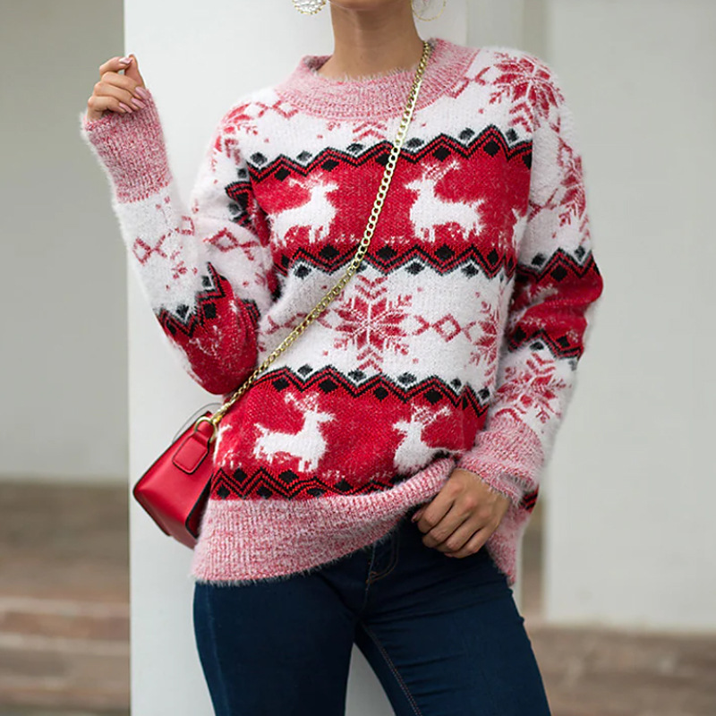 Pull de Noël douillet en maille jacquard à motif cerf, coupe ample, col rond, style décontracté, en fil doux._voghion.com