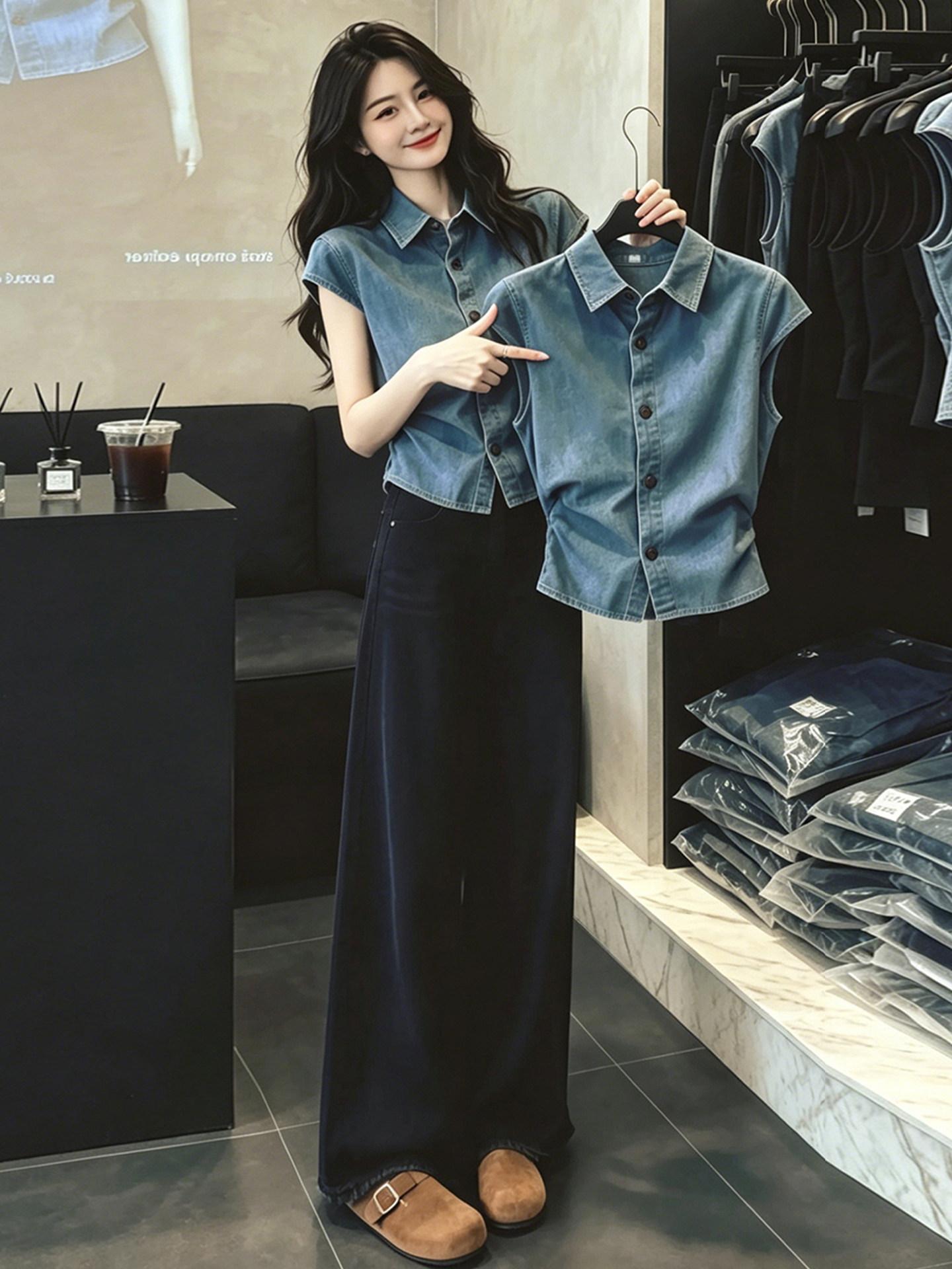 Áo sơ mi nữ cổ lật xanh denim tay bèo nhỏ eo thon — màu xanh nhạt