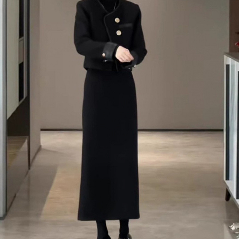 작은 향기로운 스타일 기모 두꺼운 투피스 2024 새로운 패션 코트 하프 바디 인기있는 세트 세트