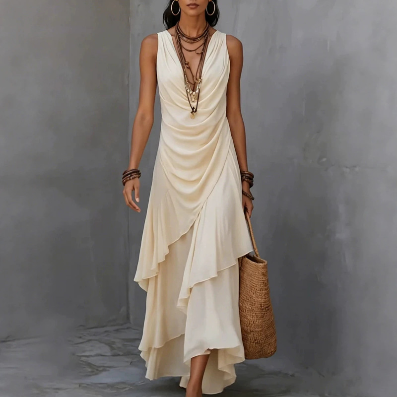 Cross-Border European and American Women's Summer Fashion New Sleeveless V-Neck Dress with Ruffled Irregular Hem Chiffon Vacation Long Dress Cross-Border European and American Women's Summer Fashion New Sleeveless V-Neck Dress with Ruffled Irregular Hem Chiffon Vacation Long Dress