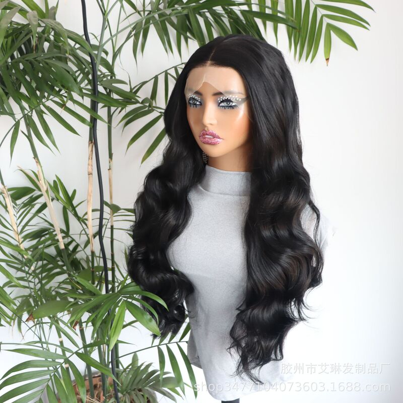 Trendy Popular Wig for Women, Cute Style, Black Lace Front, Long Curly Hair, Factory Ready Stock, Matte High-Temperature Fiber, Full Head