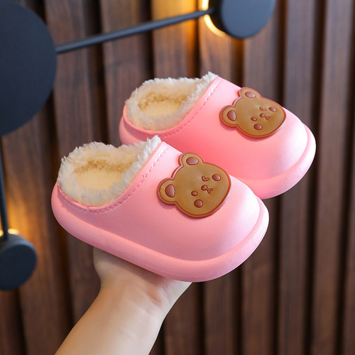 Children and girls cotton slippers in autumn and winter waterproof and non-slip for middle-aged and older children and little princess cartoon boys and babies furry cotton slippers