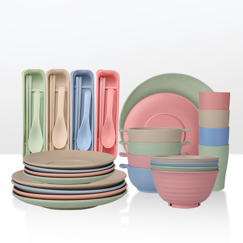 Cross-border wheat straw tableware set of six includes spoons, chopsticks, plates, bowls, dishes, and cups, portable tableware gift with LOGO support