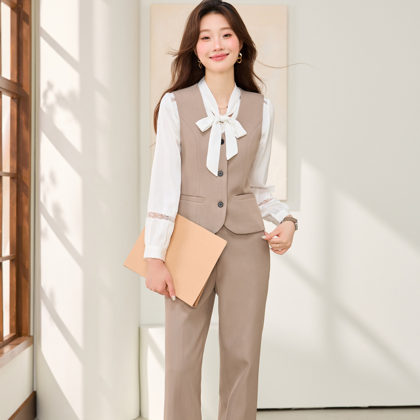 燕麦职业马甲套装女春秋时尚气质酒店经理前台接待工作服马夹工装