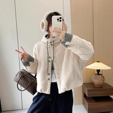 连帽格子拼接羊羔毛外套女2025秋冬新款休闲宽松加厚保暖毛毛上衣