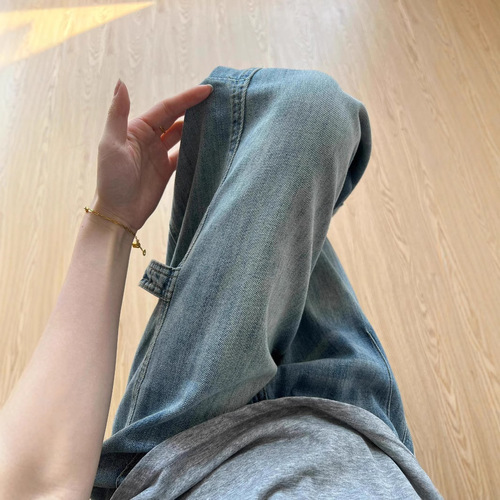 American-style designed patchwork washed bent knife women's spring slimming versatile whitened loose wide-leg long pants