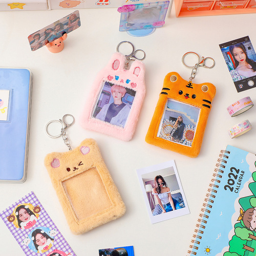 INS Korean plush bear Guka card holder Polaroid 3-inch photo card holder keychain cartoon small card pendant