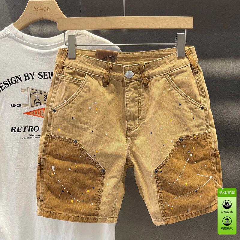 Fashionable Patchwork Casual Denim Shorts for Men, Loose Straight-Cut, Stylish with Splatter Paint Design, High-End Personality Half-Length Shorts, Durable