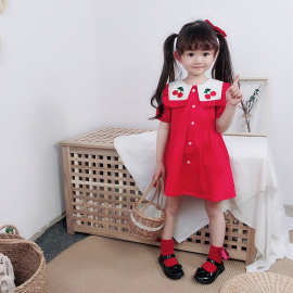 2023新款韩版女童刺绣樱桃印花连衣裙短袖儿童裙子夏季网红衬衫裙