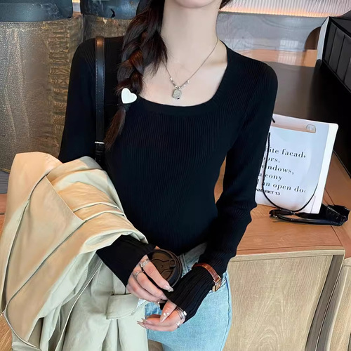 Thin Knit Top 2025 Spring and Autumn Women's Autumn Upper Layer Blouse Square Collar Base Shirt Short Body-Fitting Sweater