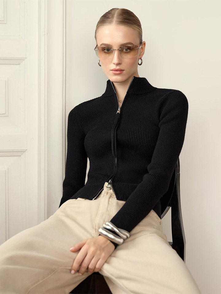 Áo cardigan len dệt kim cổ đứng, tay dài, khóa kéo đôi, dáng ôm ngắn — trắng, đen chi tiết 19