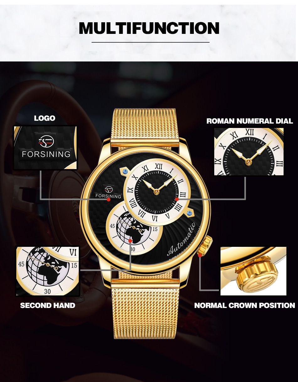 Men's Mechanical Watch With Earth Pattern And Leather Steel Strap_voghion.com