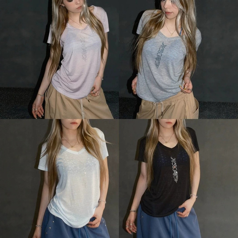 2026 New Rhinestone V-Neck Short Sleeve Loose Fit Soft Breathable T-Shirt with Jazz Vibe and Slightly Sheer Base Layer 2026 New Rhinestone V-Neck Short Sleeve Loose Fit Soft Breathable T-Shirt with Jazz Vibe and Slightly Sheer Base Layer