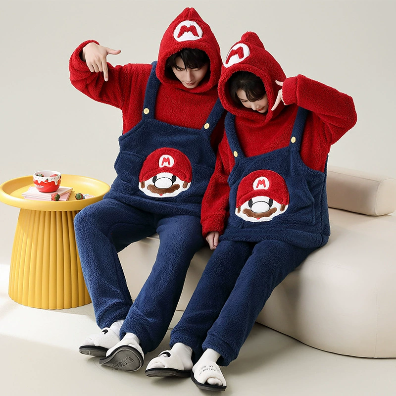 Новая пара пижамы зимний коралловый бархат утолщение, теплый мультфильм милый с капюшоном, удобный набор домашней одежды