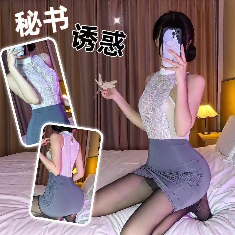 Lace Secretary Roleplay Uniform Set with Ultra-Short Hip Dress and Black Tights — detail image 2