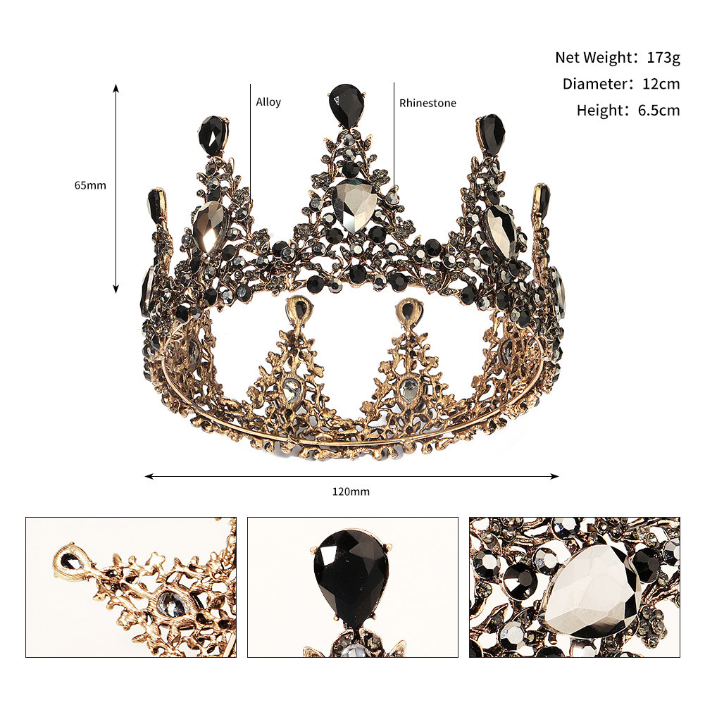 Bridal Jewelry Baroque Round Crown Wedding Hair Accessories European And American Halloween Black Rhinestone Bridal Crown