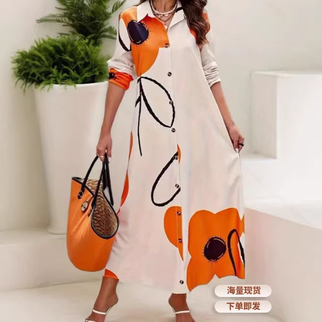 2026 European and American Cross-Border Spring and Summer New Products V-Neck Printed Shirt Buttoned Dress Fashionable and Elegant Holiday Style Women's Clothing