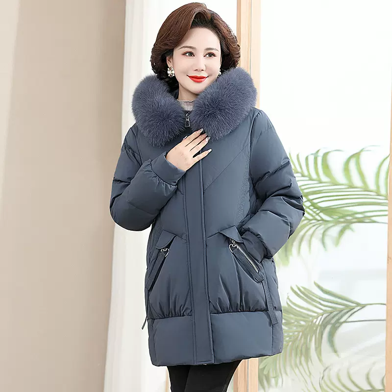 中年妈妈羽绒服狐狸毛领洋气减龄2024新款中老年加厚外套保暖时尚