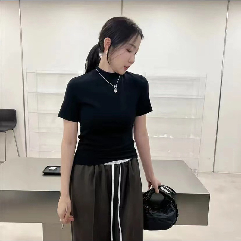 Summer Boss Lady Style Small Stand Collar Short-Sleeve T-Shirt, New Fashionable Versatile Top, Slim Fit Slimming Base Shirt for Women