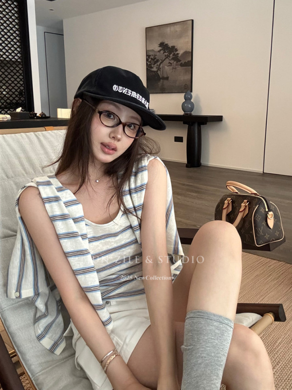 韩系女装上衣两件套夏季薄款防晒开衫长袖小外套条纹吊带背心内搭|undefined
