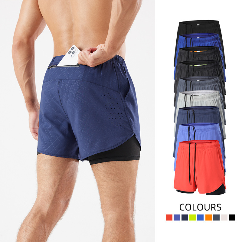 Summer Sports Shorts Men's Marathon Running Three-point Fitness Shorts Double Layer Anti-walking Beach Swimming Trunks