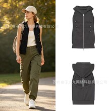 欧美女装2026新款跨境外贸批发时尚潮流复古金扣连帽无袖镂空马夹