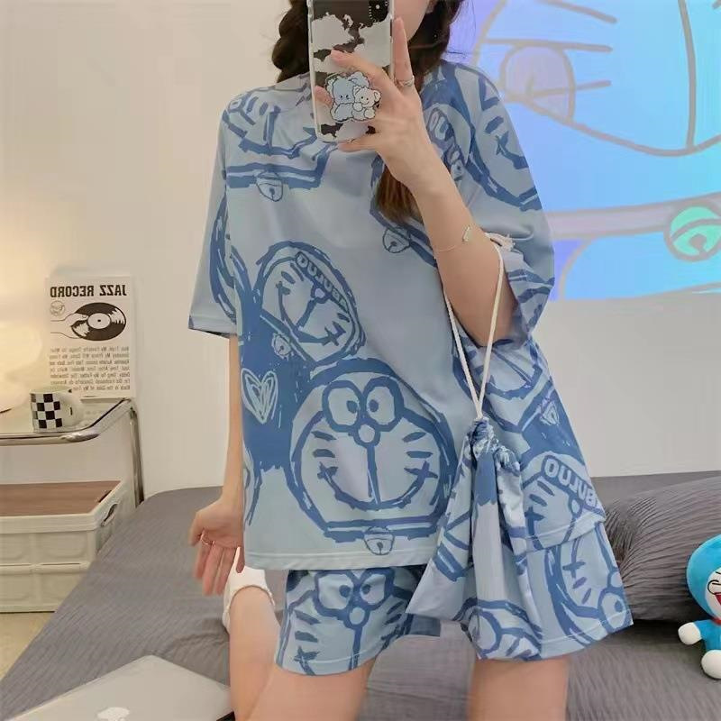 Pijama de mujer de verano de manga corta pantalones cortos delgados en 2025 nuevo conjunto de ropa de casa de dibujos animados de verano para mujeres se puede usar fuera