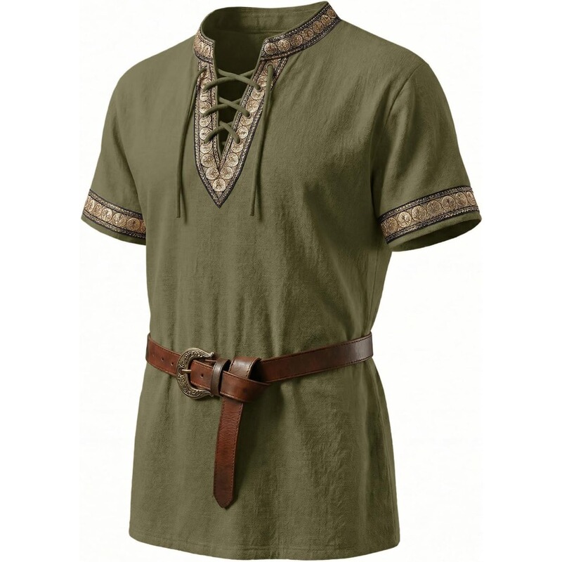 Men's Medieval Pirate Shirt Cotton Lace-Up Renaissance Shirt Viking Retro Scottish Halloween Costume