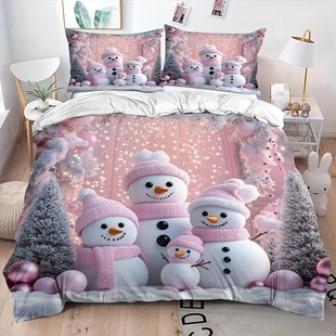 Winter Christmas snowman pattern cross-border duvet cover pillowcase three-piece bedding suit factory direct sales